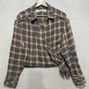 We the Free Plaid Wrap Crop Shirt Long Sleeve Distressed Raw Hem Women's Size M